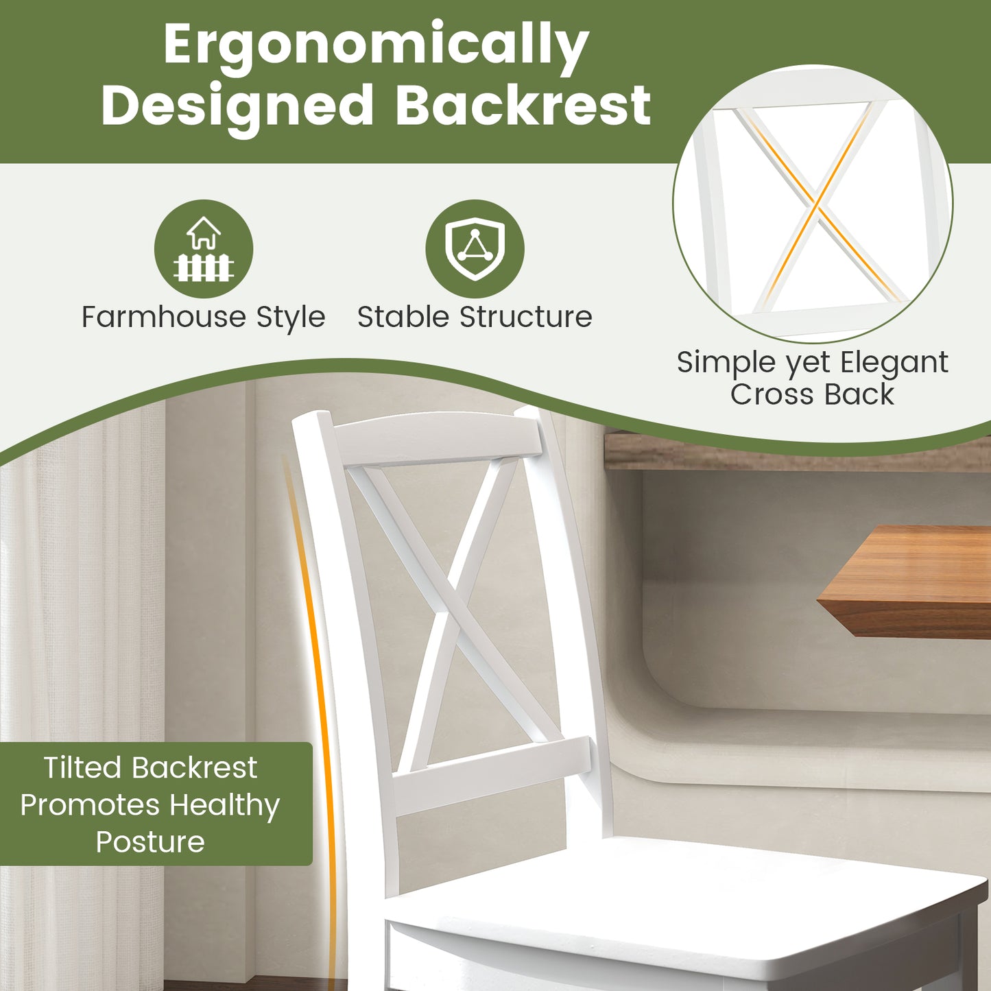 Wood Dining Chair Set of 2 with Rubber Wood Legs and Curved Backrest