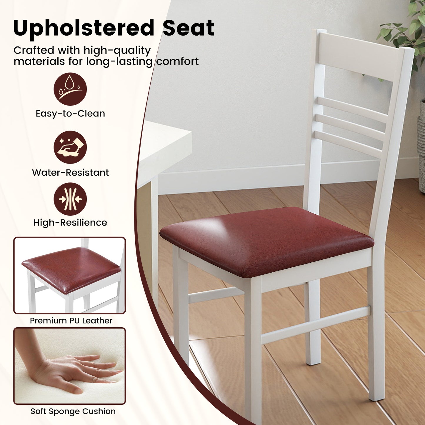 Wood Dining Chairs Set of 2 with Rubber Wood Frame-White