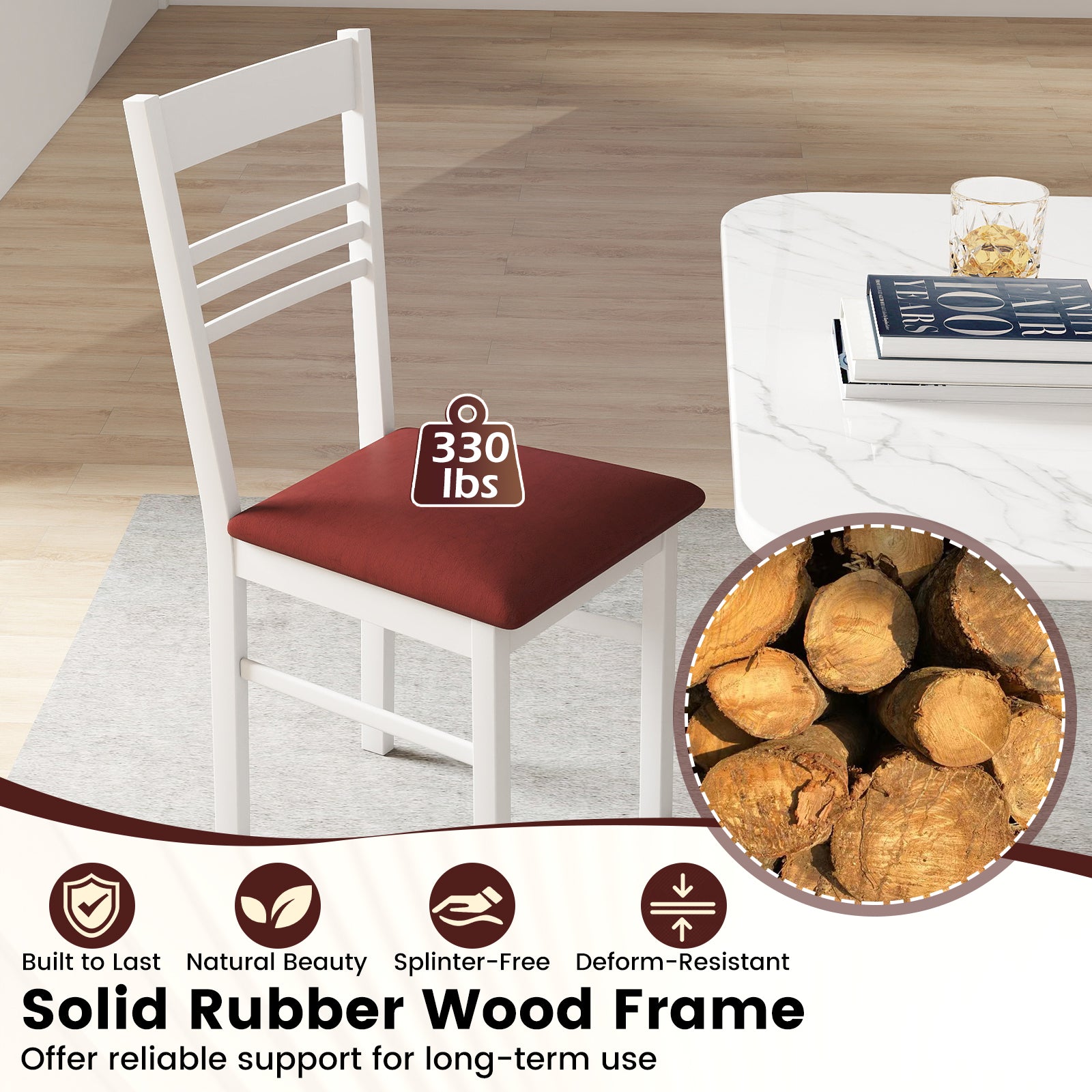 Wood Dining Chairs Set of 2 with Rubber Wood Frame-White