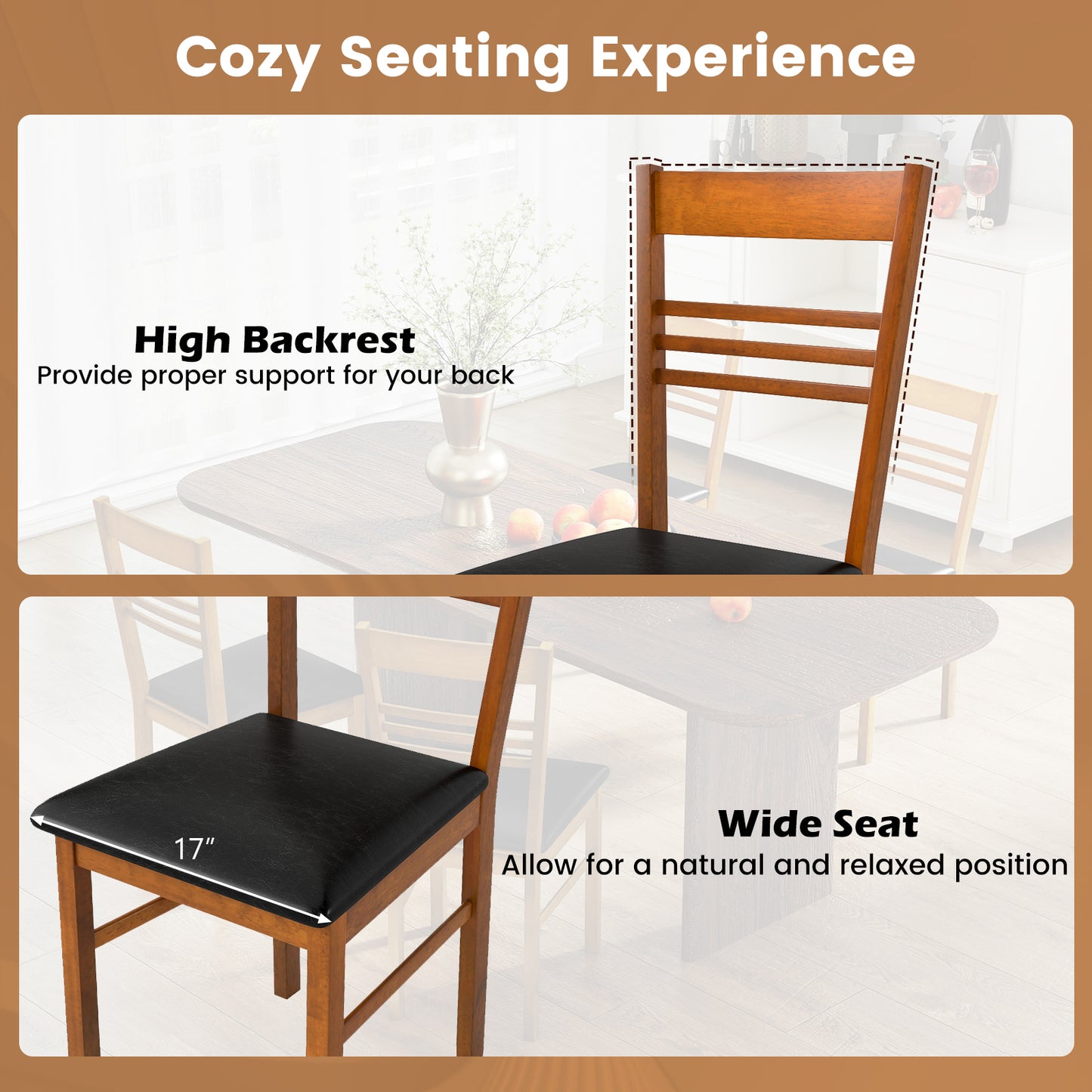 Wood Dining Chairs Set of 4 with Rubber Wood Frame-Walnut