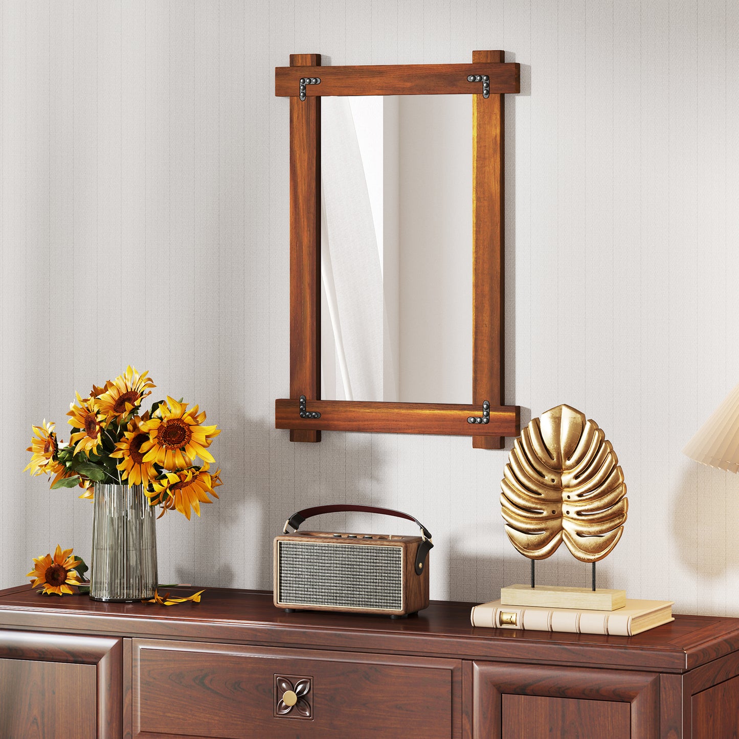 Wood Framed Mirror with Acacia Wood Frame and Vintage Rivet Design Brown