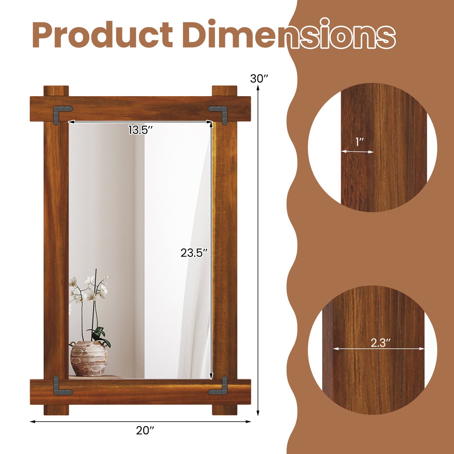 Wood Framed Mirror with Acacia Wood Frame and Vintage Rivet Design Brown