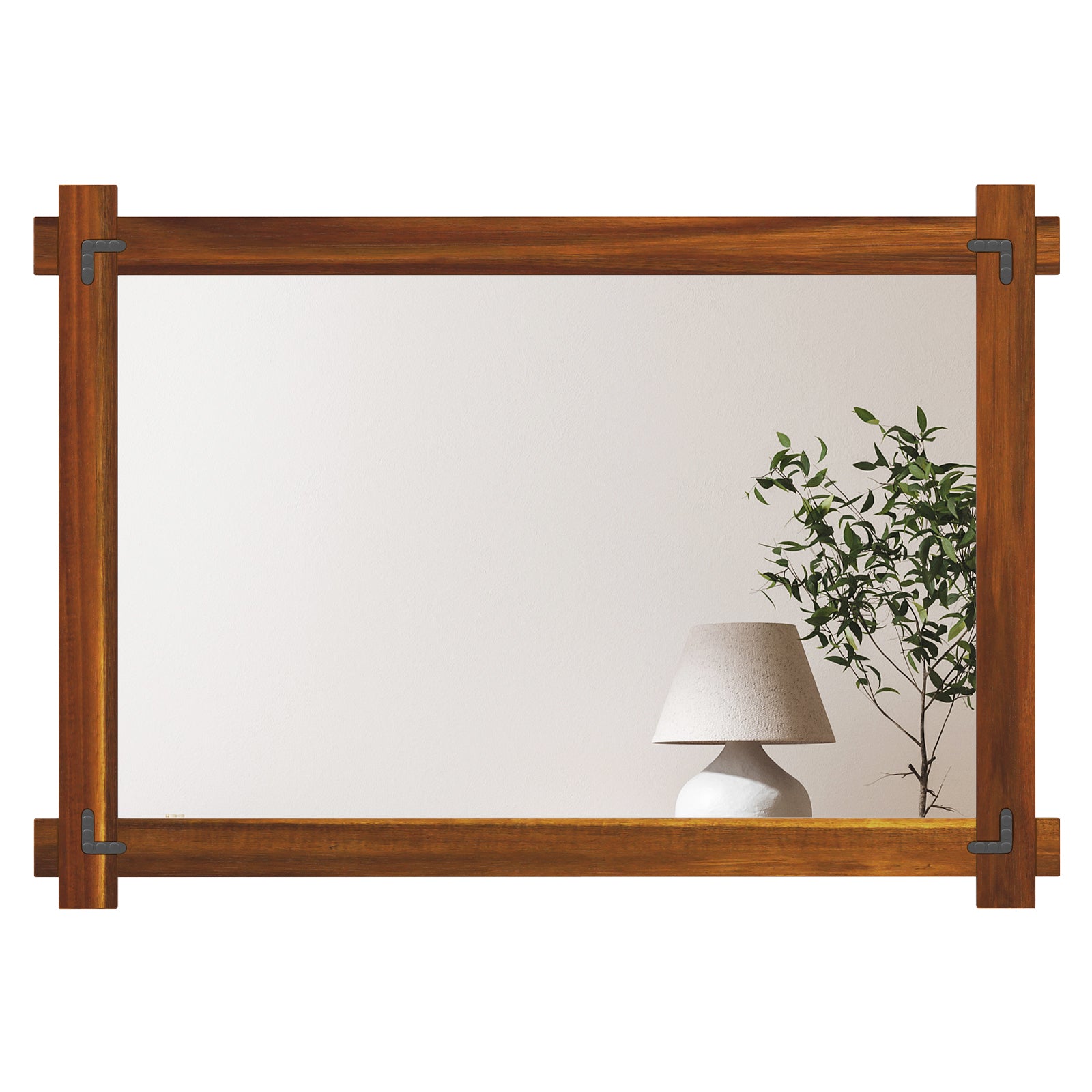 Wood Framed Mirror with Acacia Wood Frame and Vintage Rivet Design Brown-S - L