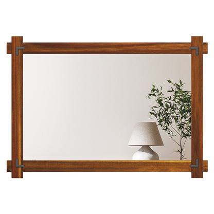 Wood Framed Mirror with Acacia Wood Frame and Vintage Rivet Design Brown-S - L