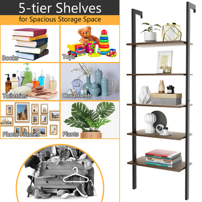 5-Tier Wood Look Ladder Shelf with Metal Frame for Home