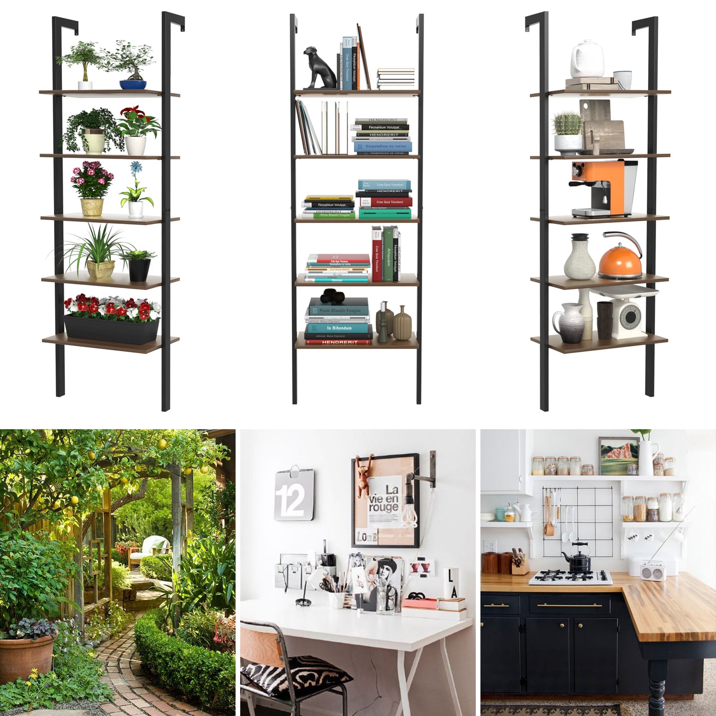 5-Tier Wood Look Ladder Shelf with Metal Frame for Home