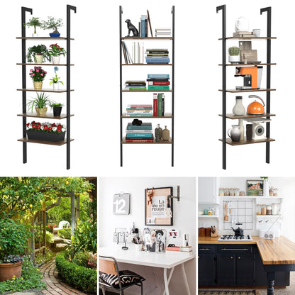 5-Tier Wood Look Ladder Shelf with Metal Frame for Home
