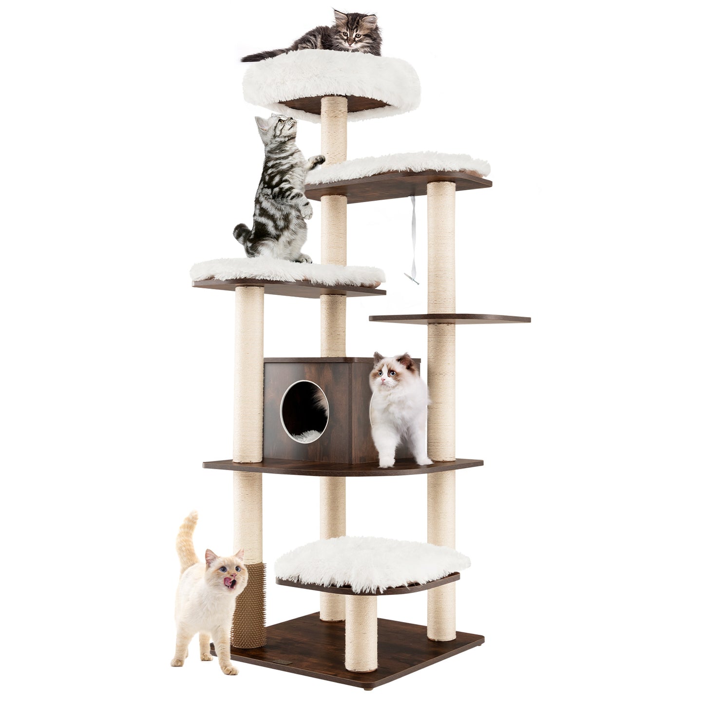 7-Layer Wooden Cat Tree Tall Cat Tower with Sisal Posts and Condo-Natural - Brown