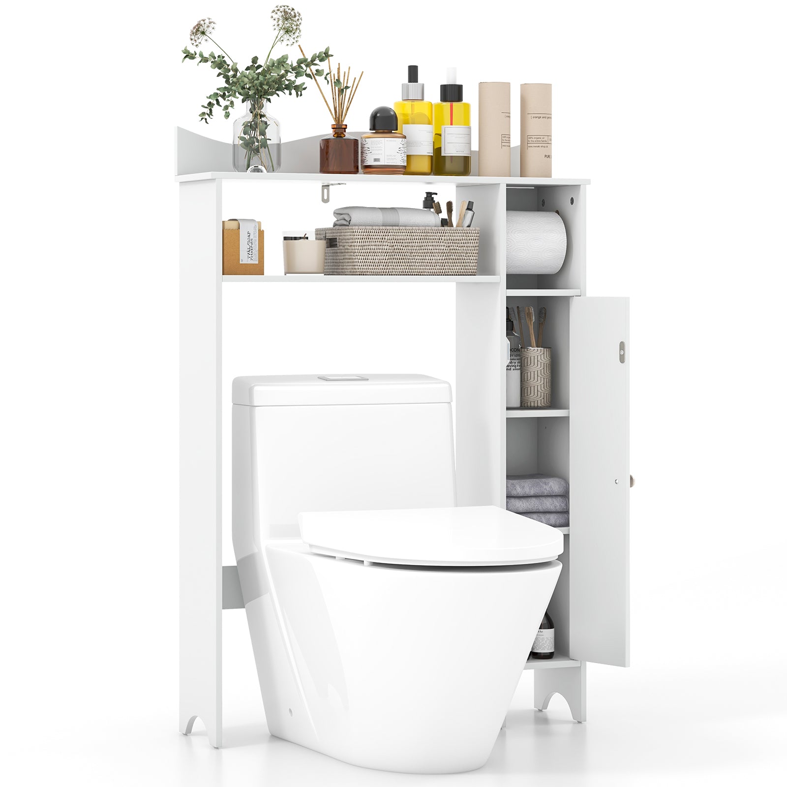 Wood Over the Toilet Bathroom Space Saver with Paper Holder and Shelf-White