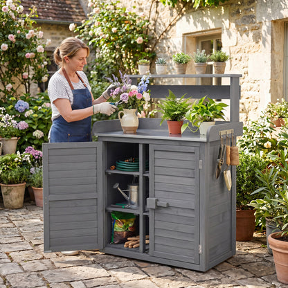 Wood Potting Bench with Stainless Steel Top and Storage
