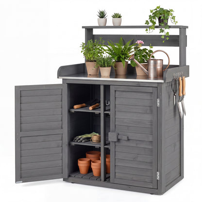 Wood Potting Bench with Stainless Steel Top and Storage