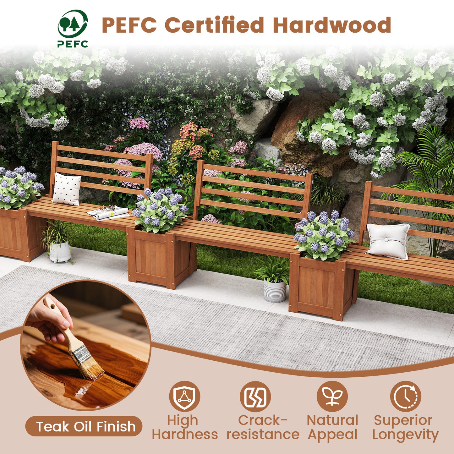 Wood Planter Box with Bench and Backrest for Garden Yard Balcony