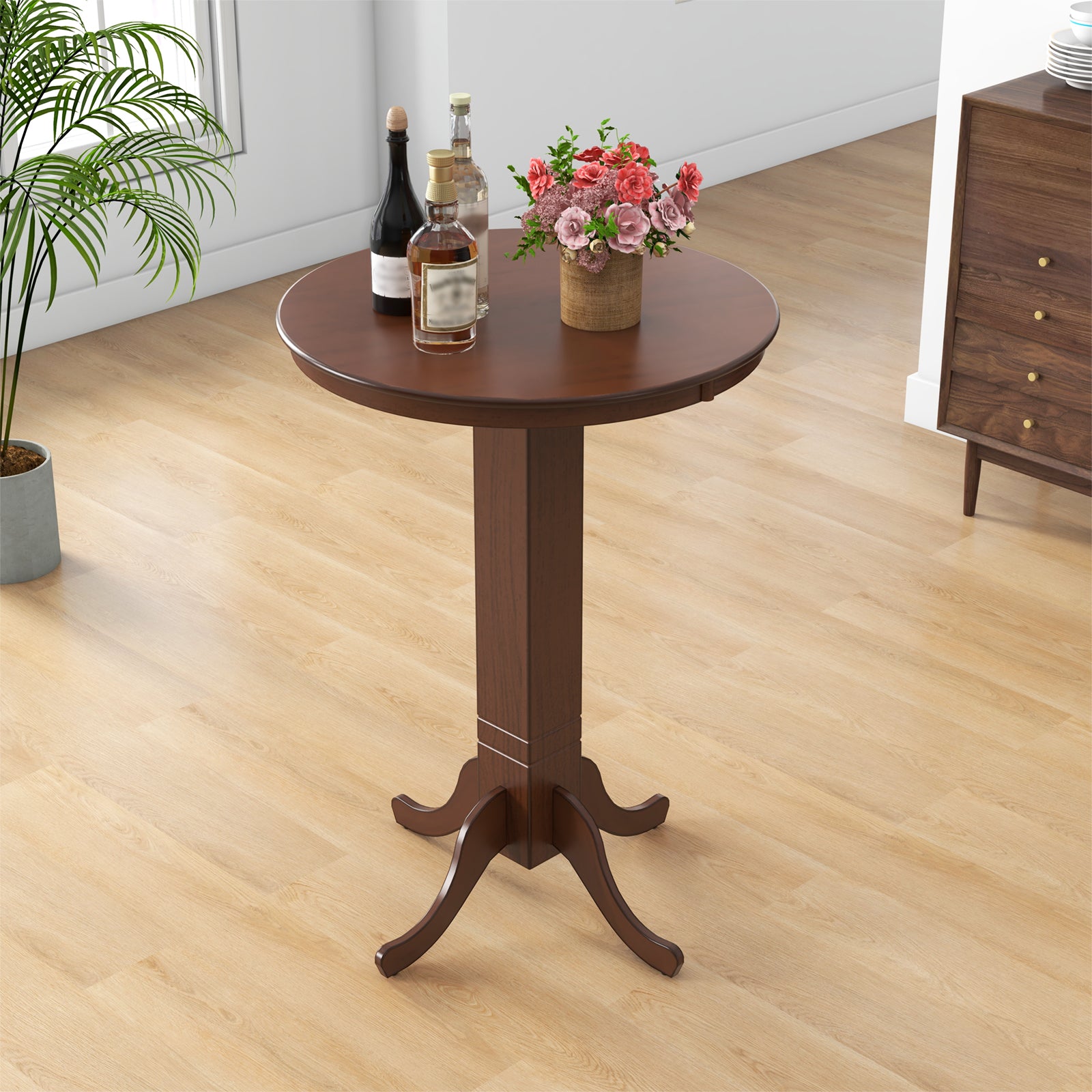 Wood Pub Round Dining Table with Pedestal Base-Espresso