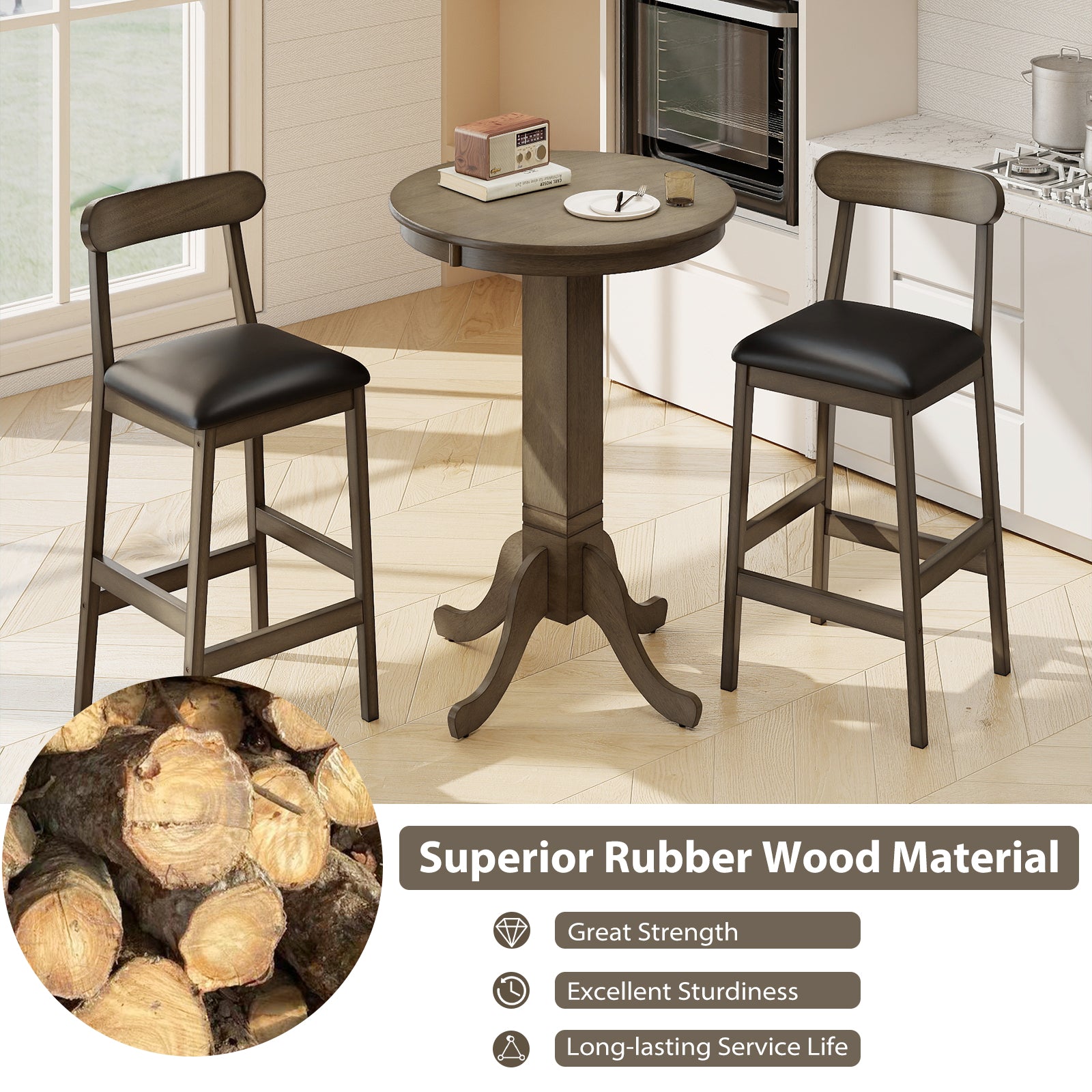 Wood Pub Round Dining Table with Pedestal Base-Gray