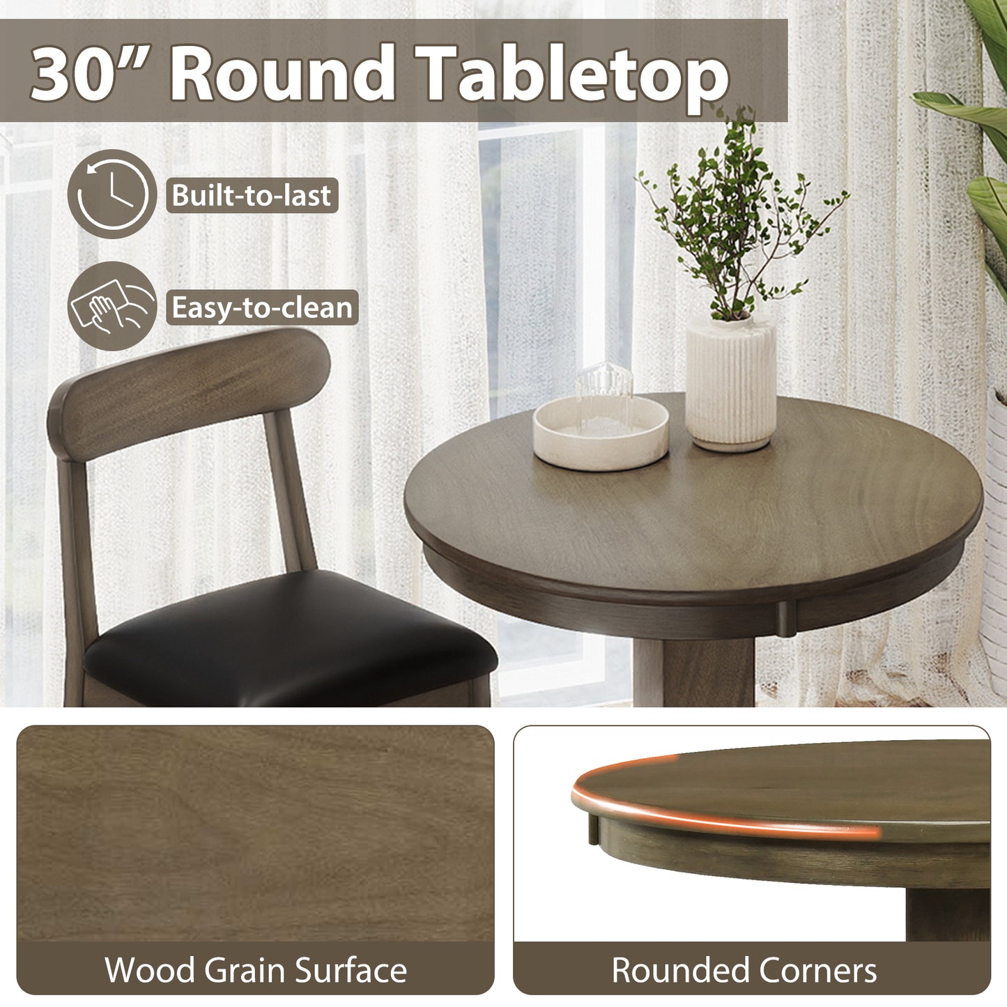 Wood Pub Round Dining Table with Pedestal Base-Gray