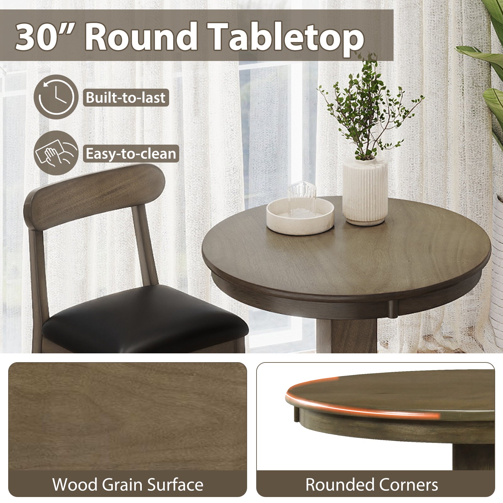 Wood Pub Round Dining Table with Pedestal Base-Gray