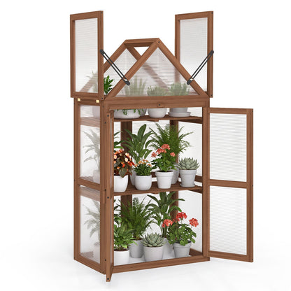Wood Raised Flower Planter Shelf with Adjustable Shelves-Brown