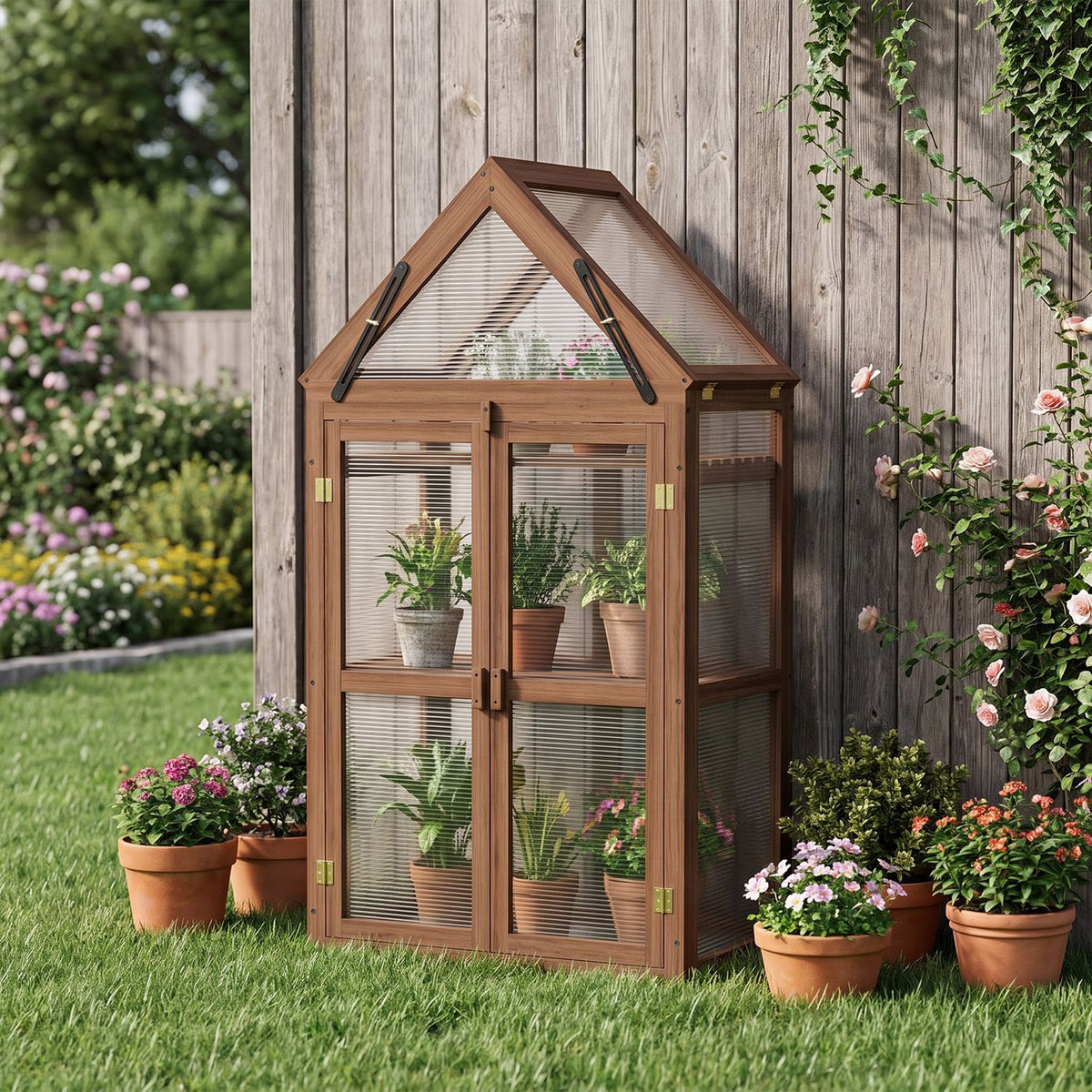 Wood Raised Flower Planter Shelf with Adjustable Shelves-Brown