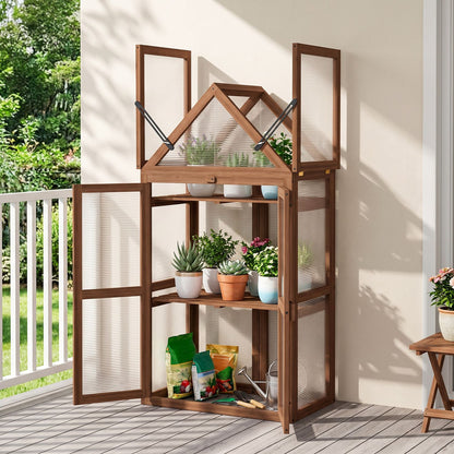 Wood Raised Flower Planter Shelf with Adjustable Shelves-Brown