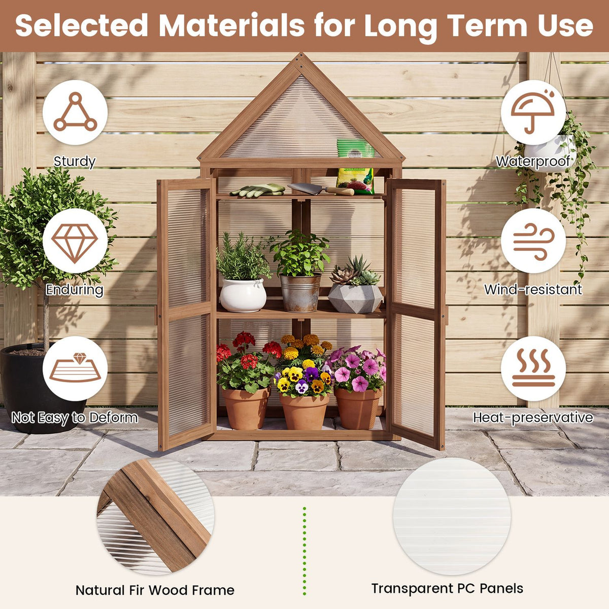 Wood Raised Flower Planter Shelf with Adjustable Shelves-Brown