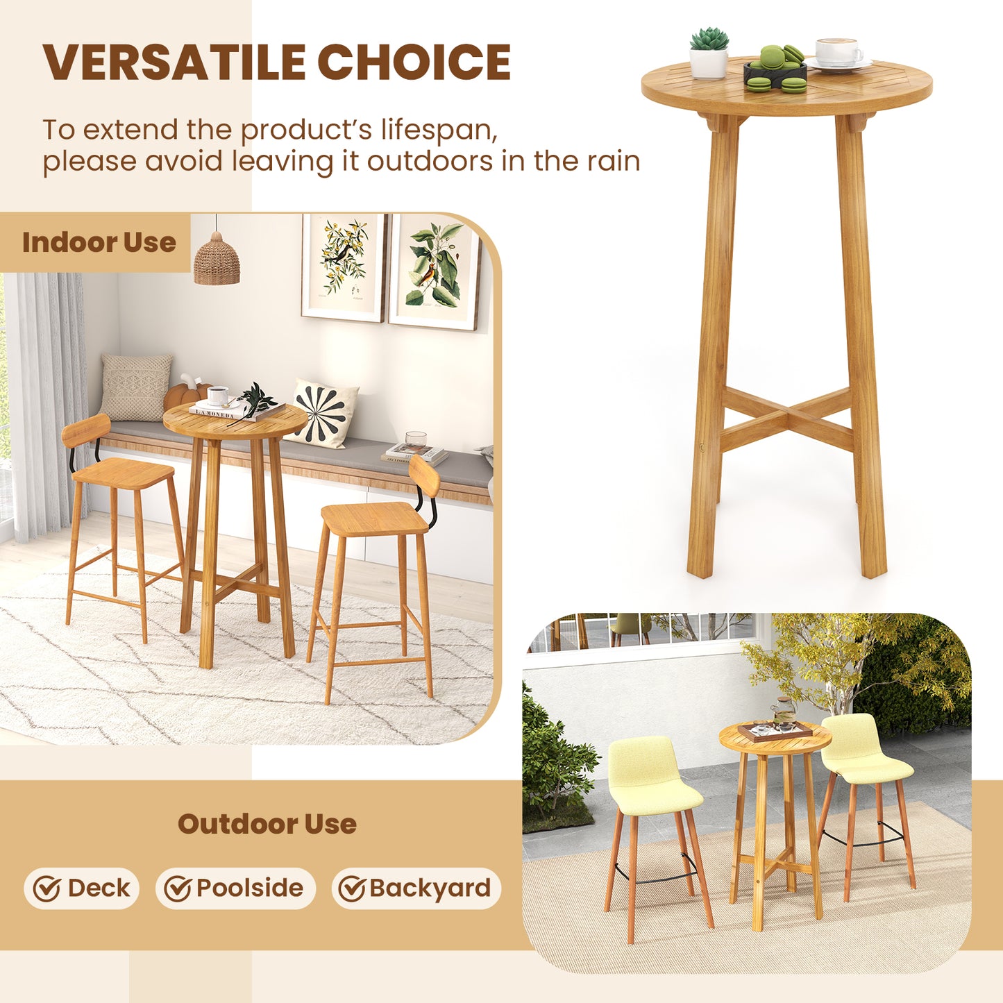 24 Inch Teak Wood Round Bar Table with Footrest for Indoors Outdoors