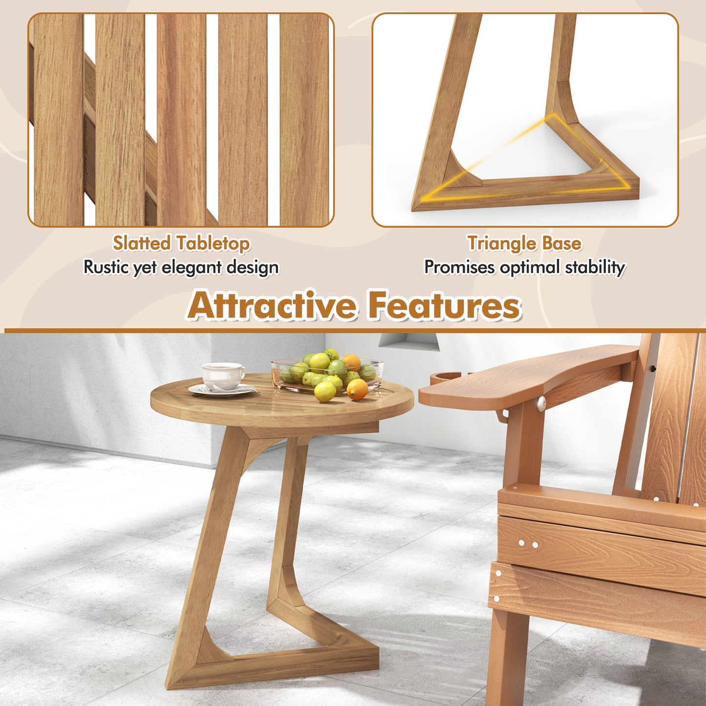 Teak Wood Side Table Round Sofa End Table with Slatted Tabletop