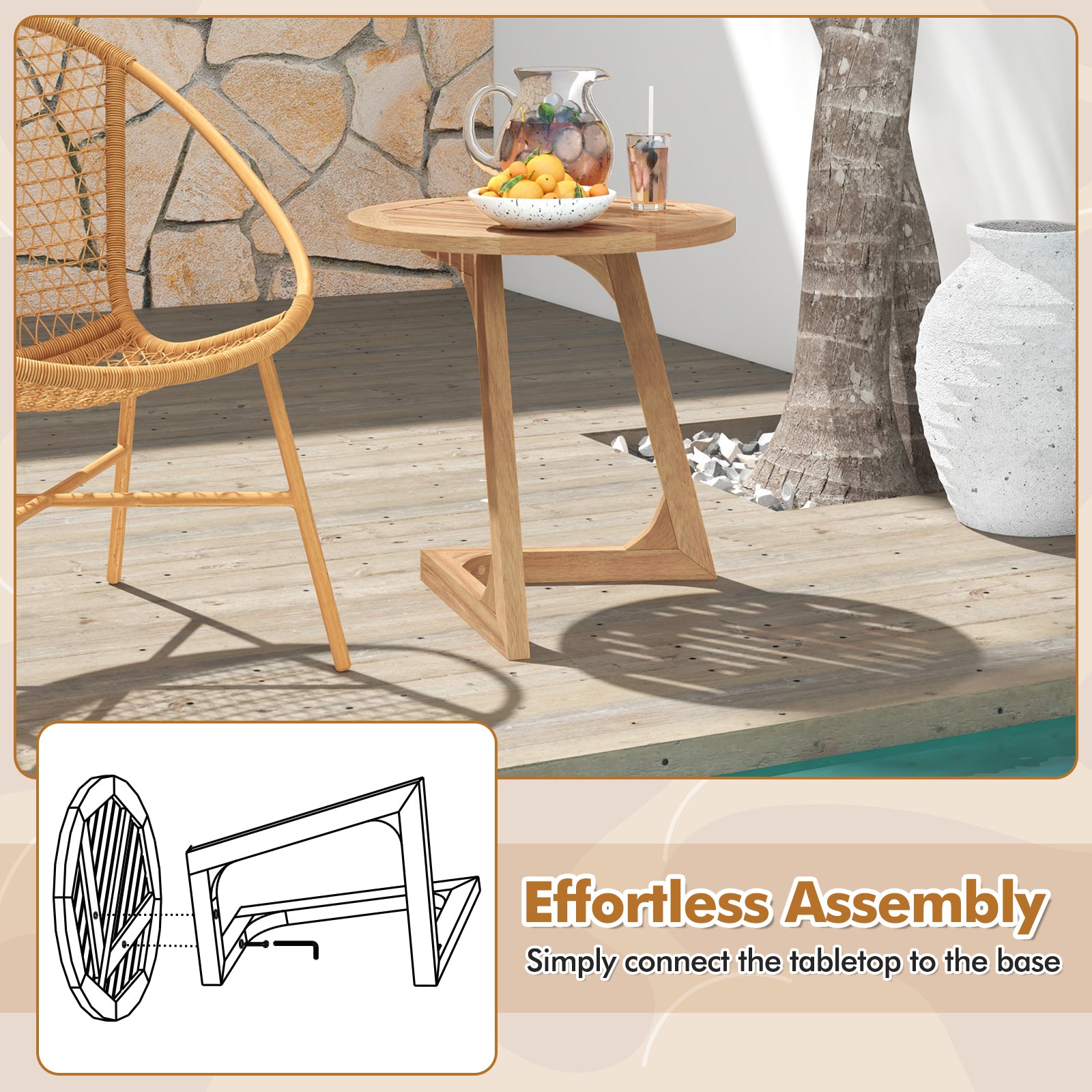 Teak Wood Side Table Round Sofa End Table with Slatted Tabletop
