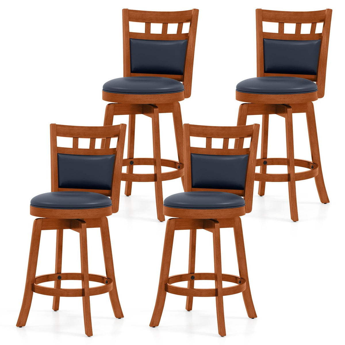 Wood Swivel Bar Stools Set of 4 with Faux Leather Upholstered Seat and Back-24"
