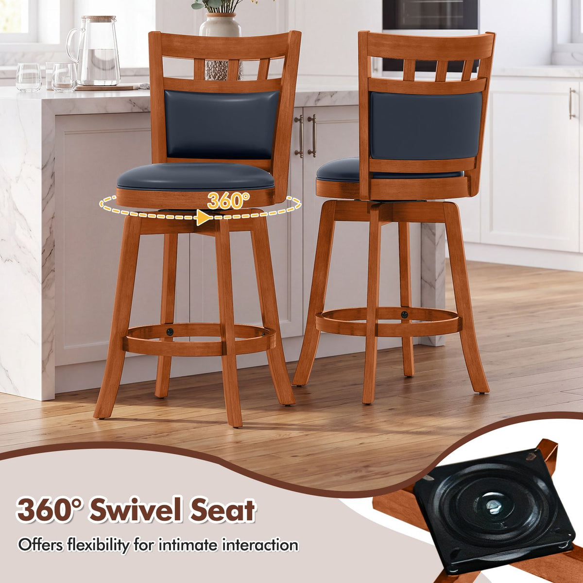 Wood Swivel Bar Stools Set of 4 with Faux Leather Upholstered Seat and Back-24"