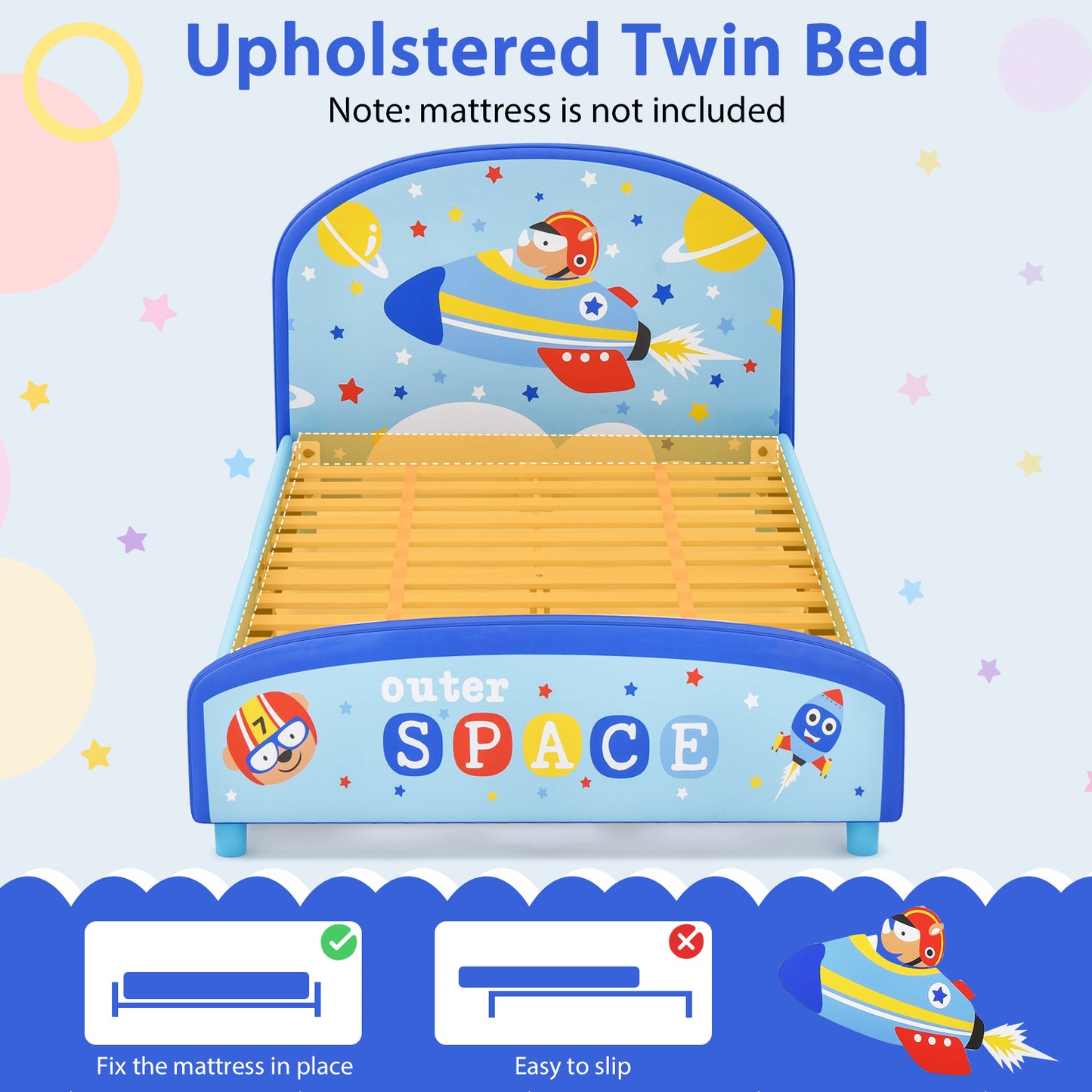 Wood Upholstered Twin Bed Platform with Slat Support