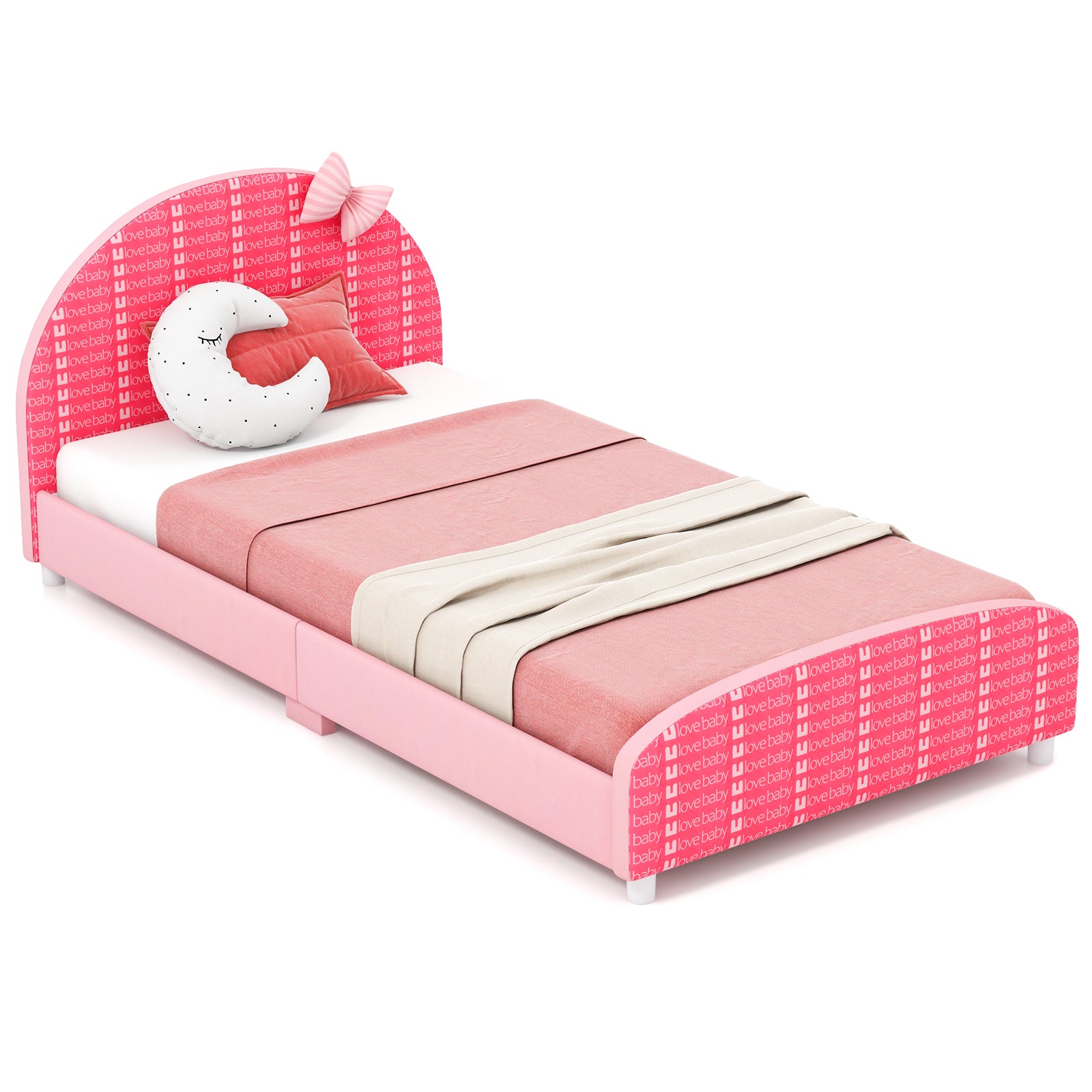 Wood Upholstered Twin Bed Platform with Slat Support-Blue - Pink