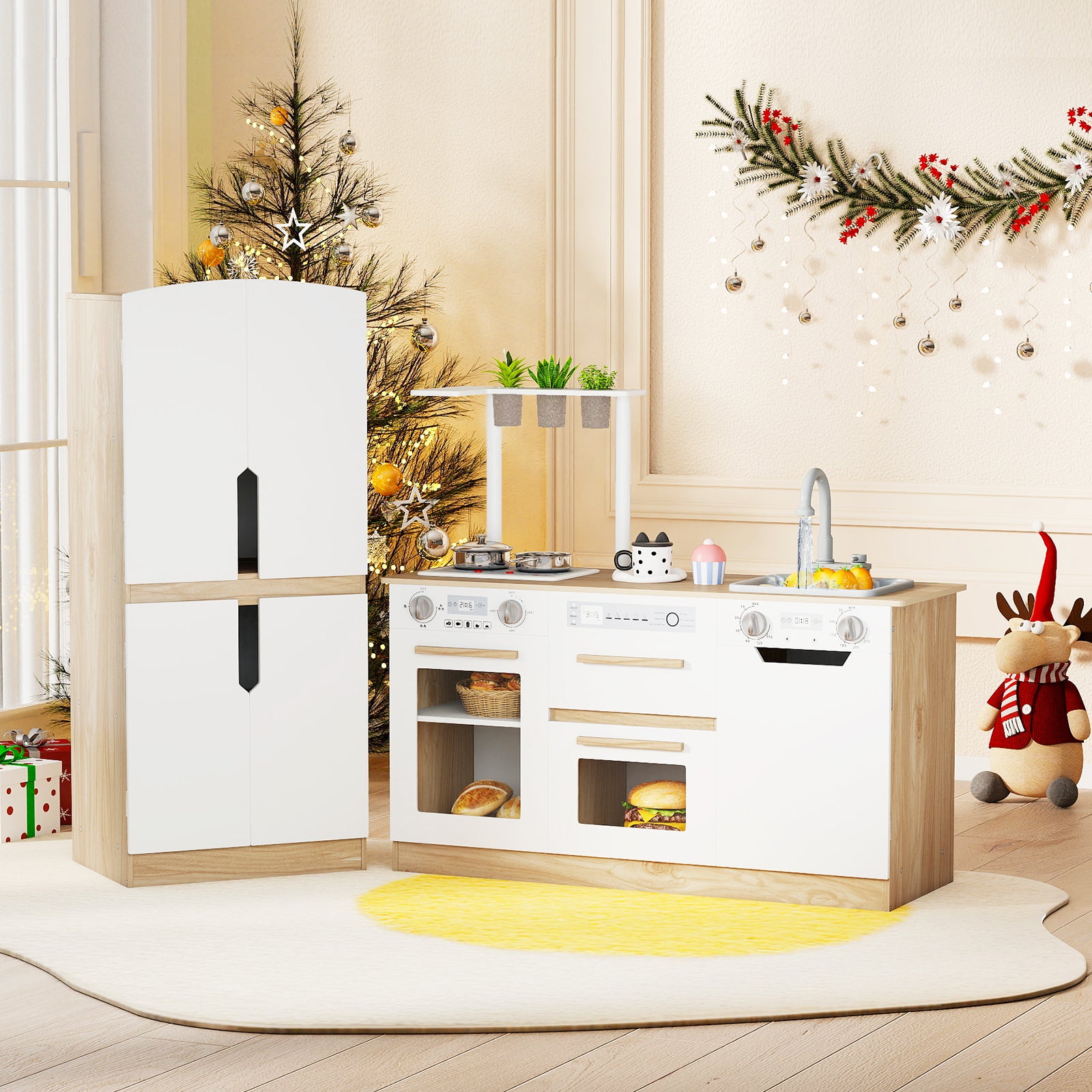 Wooden 2 Piece Kids Kitchen Playset with Fridge and Running Water-Natural
