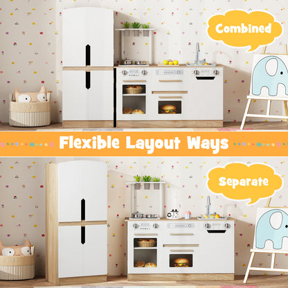 Wooden 2 Piece Kids Kitchen Playset with Fridge and Running Water-Natural
