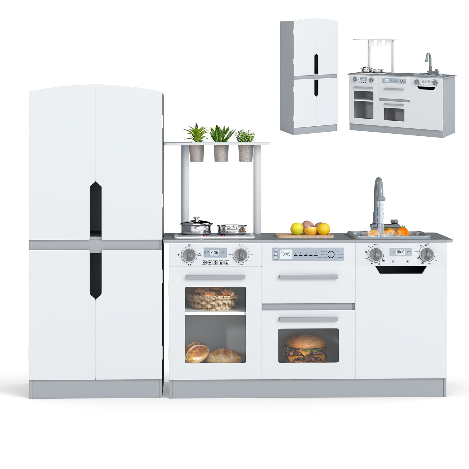 Wooden 2 Piece Kids Kitchen Playset with Fridge and Running Water-Gray