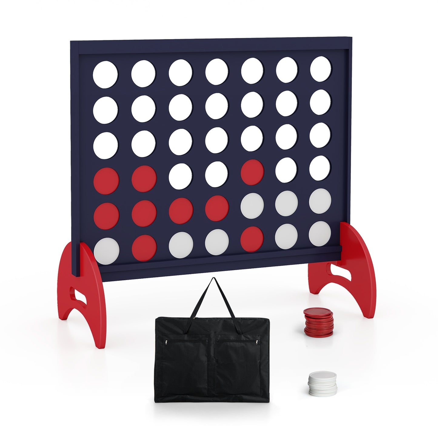 Wooden4-in-a-row Game Set with 42 PCS Chips and 600D Oxford Fabric Carrying Bag-Brown - Blue