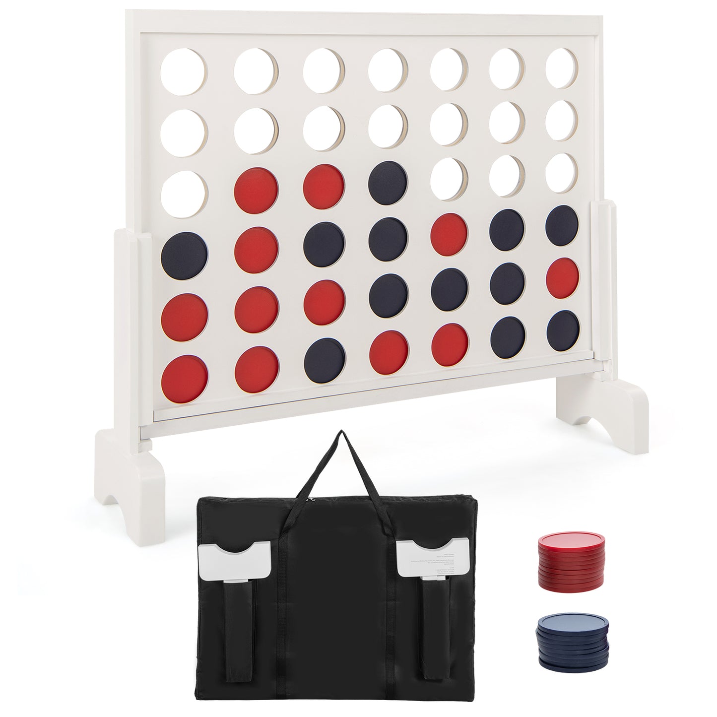 Wooden4-in-a-row Game Set with 42 PCS Chips and 600D Oxford Fabric Carrying Bag-Brown - White