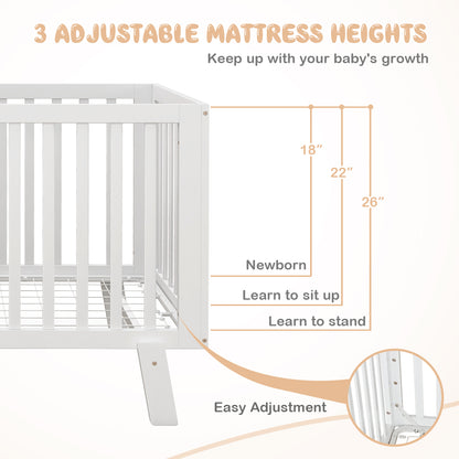 Rubber Wood Baby Crib with Adjustable Mattress Heights and Guardrails-White