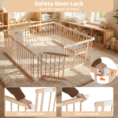 Wooden Baby Playpen Adjustable Large Play Yard for Infants-Natural