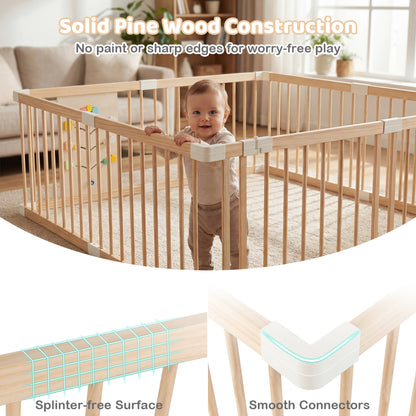 Wooden Baby Playpen Adjustable Large Play Yard for Infants-Natural