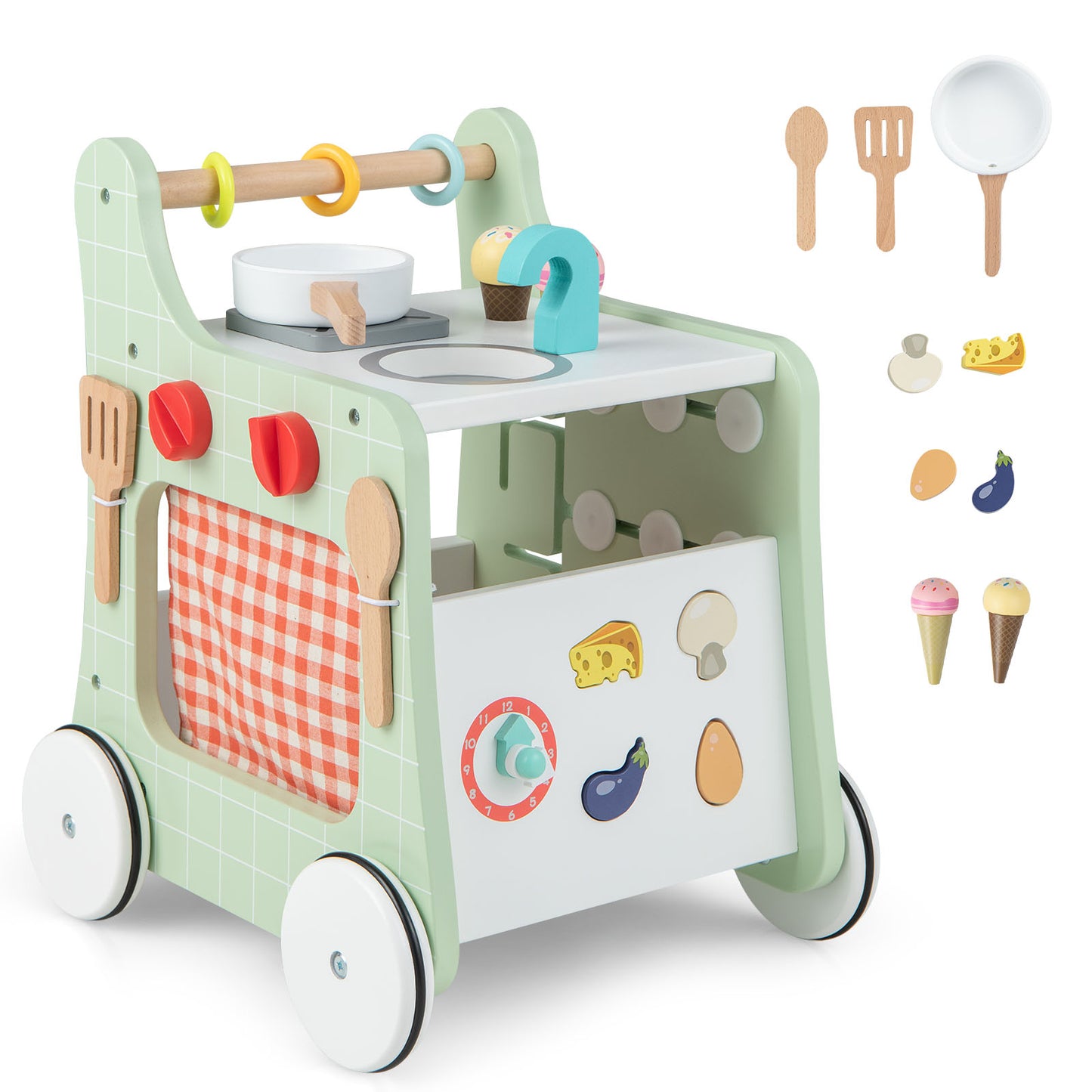 6-in-1 Wooden Baby Stroller with Play Kitchen for Kids Over 12 Months-Green - Green