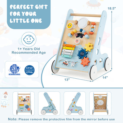 Wooden Baby Walker Push and Pull Learning Activity Center with Wheels for Toddlers 1+ Years Old