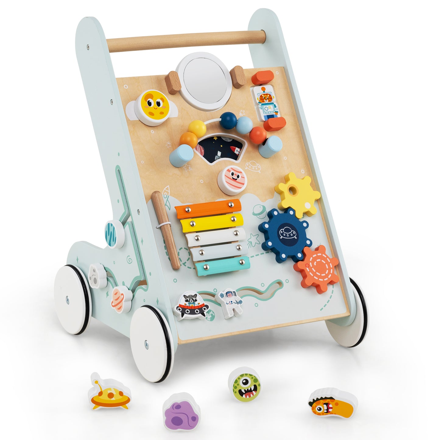 Wooden Baby Walker Push and Pull Learning Activity Center with Wheels for Toddlers 1+ Years Old-Blue - Green