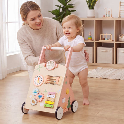 Wooden Baby Walker with 7-in-1 Activity Center and Adjustable Height for 12+ Months Olds