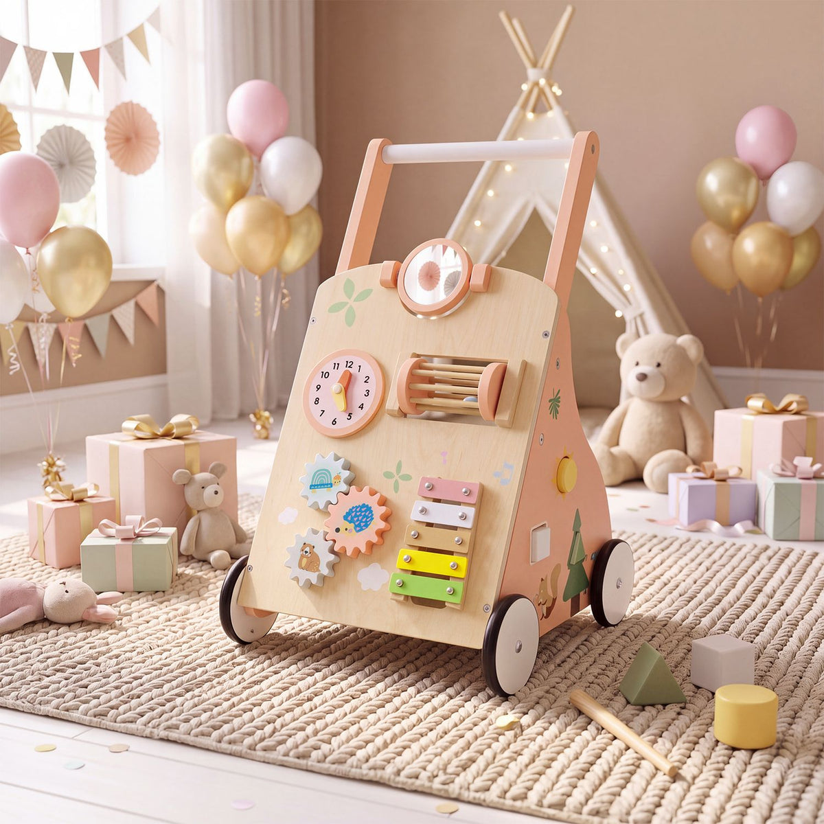 Wooden Baby Walker with 7-in-1 Activity Center and Adjustable Height for 12+ Months Olds