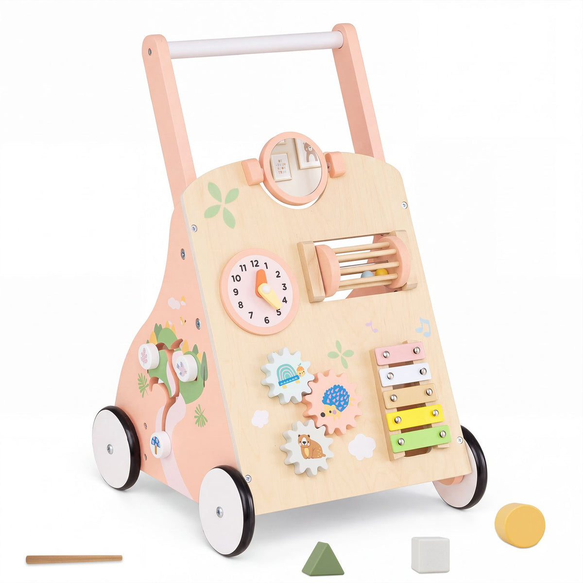 Wooden Baby Walker with 7-in-1 Activity Center and Adjustable Height for 12+ Months Olds