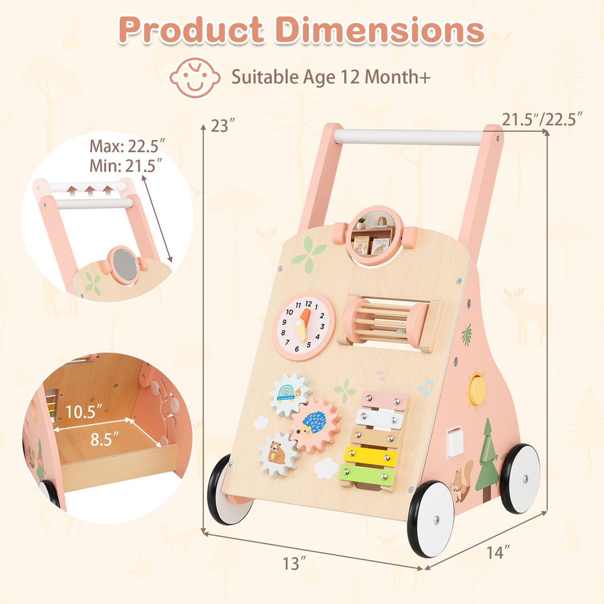 Wooden Baby Walker with 7-in-1 Activity Center and Adjustable Height for 12+ Months Olds