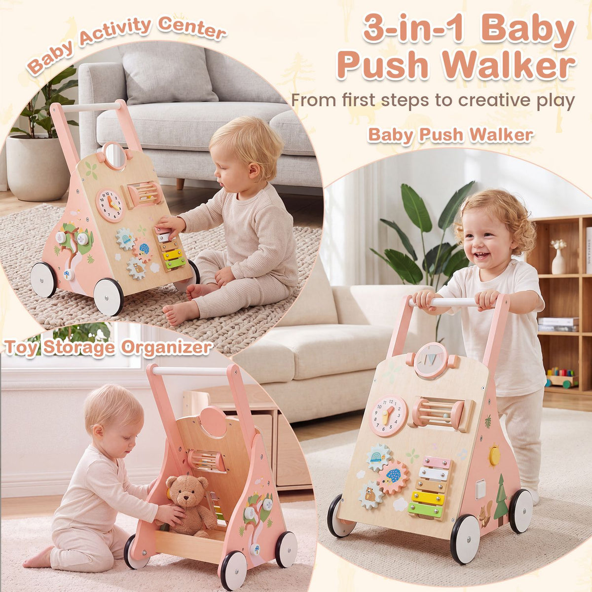 Wooden Baby Walker with 7-in-1 Activity Center and Adjustable Height for 12+ Months Olds