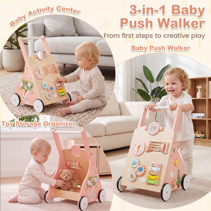 Wooden Baby Walker with 7-in-1 Activity Center and Adjustable Height for 12+ Months Olds