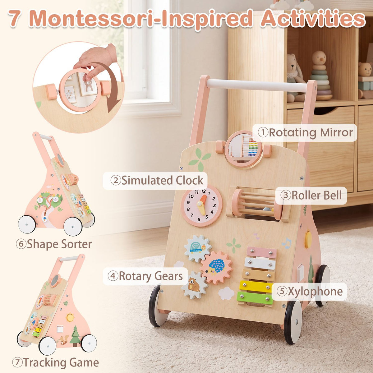Wooden Baby Walker with 7-in-1 Activity Center and Adjustable Height for 12+ Months Olds