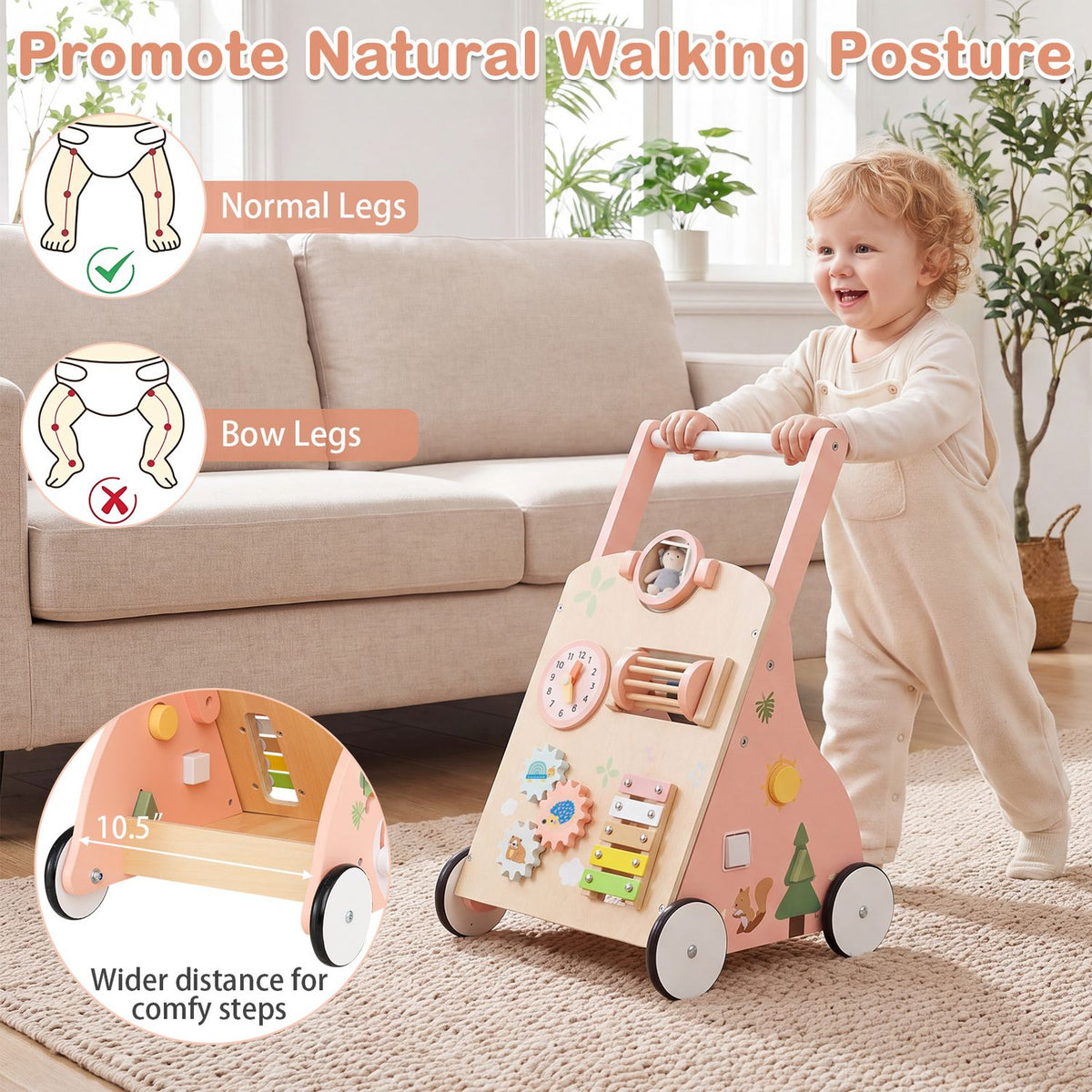Wooden Baby Walker with 7-in-1 Activity Center and Adjustable Height for 12+ Months Olds
